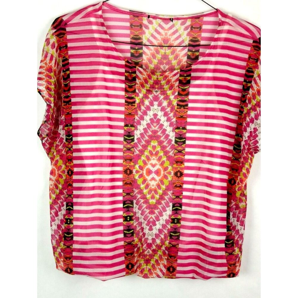 🌼Alfani Sheer Pink Striped Abstract Top Size Medium Short Sleeve Vibrant Summer